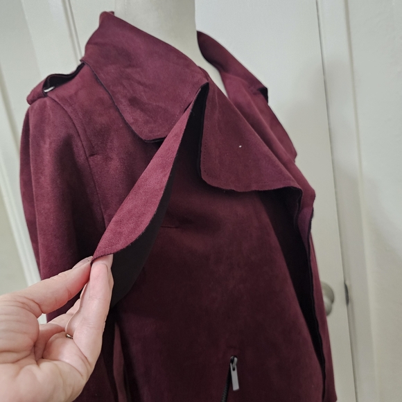 Kut Faux Suede Jacket Burgundy Open Front Womens Medium - Picture 11 of 11